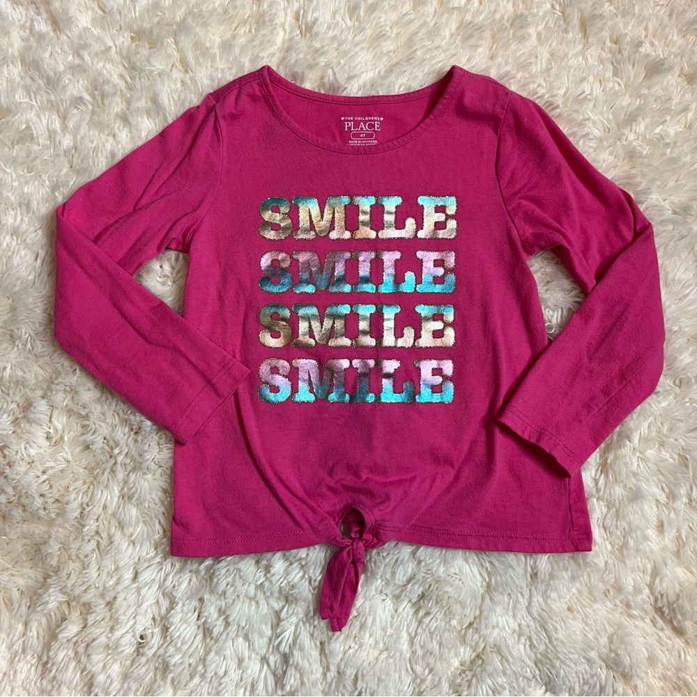 The Children's Place Girls Size 4T Fuchsia 'Pink Smile' Long Sleeve Graphic Tee